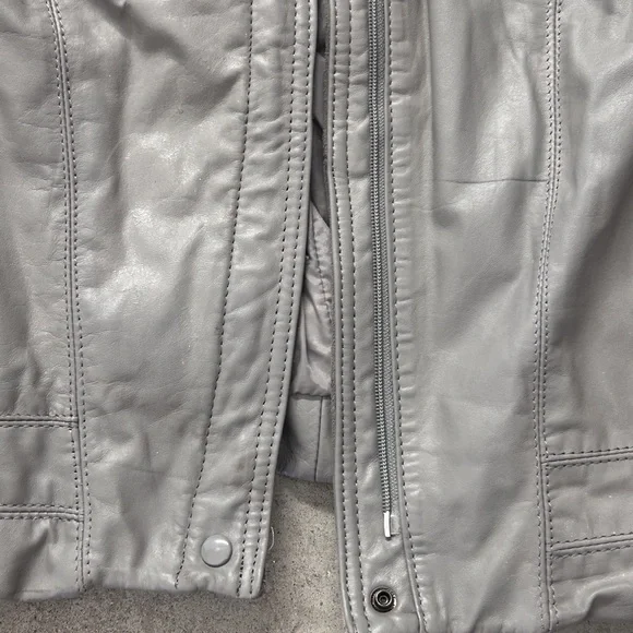 Gray Leather Jacket with Stand-Up Collar and Full-Length Zipper - Picture 8 of 11